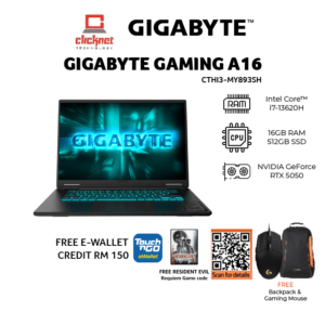 GIGABYTE GAMING A16 CTHI3-MY893SH LAPTOP ( I7-13620H, 16GB RAM, 512GB SSD, RTX5050, 16'' WUXGA 165Hz, BLACK- W11 )