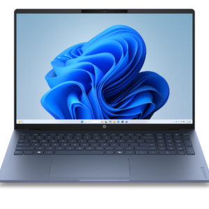 HP OmniBook 5 laptop open and facing forward showing Windows 11 desktop on screen