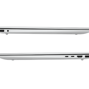 Side profiles of a silver laptop showing USB-C, USB-A, HDMI, and headphone jack ports