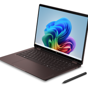 HP OmniBook laptop shown open at an angle with a stylus pen resting beside it