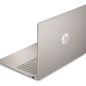HP OmniBook 5 laptop in silver, shown open from a rear angle with the HP logo on the lid