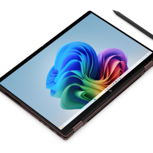 HP 2-in-1 laptop folded into tablet mode with a stylus pen alongside it