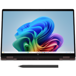 HP 2-in-1 laptop display showing Windows 11 desktop with a stylus pen resting below it