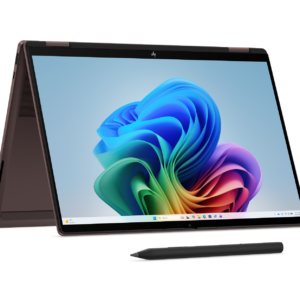 HP 2-in-1 convertible laptop displayed in tent mode with a stylus pen resting in front