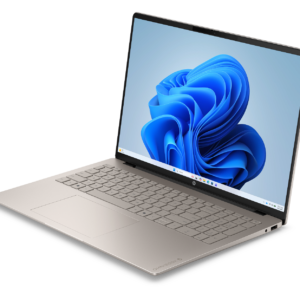 Silver HP OmniBook 5 laptop open at a three-quarter angle, displaying the screen, keyboard, and trackpad