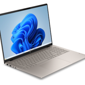 Open silver HP OmniBook 5 laptop displaying the Windows 11 desktop