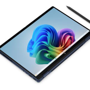 HP 2-in-1 laptop folded flat in tablet mode alongside a digital stylus pen