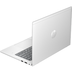 Rear three-quarter view of an open silver HP laptop, displaying the HP logo on the lid and side ports