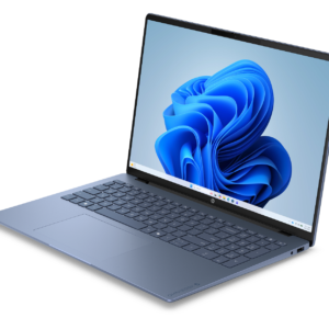 HP OmniBook 5 laptop in slate blue angled open, displaying the Windows 11 desktop screen