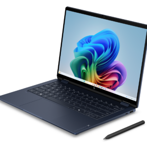Dark blue HP OmniBook X laptop open at an angle with a stylus pen beside it