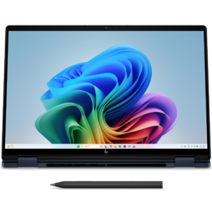 Front view of a dark blue HP laptop displaying Windows 11 with a stylus pen lying in front