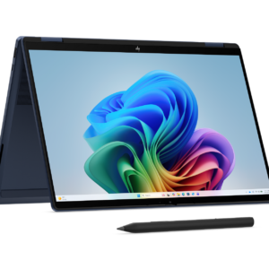 HP 2-in-1 laptop set up in stand mode with a digital stylus pen in front of the touchscreen display