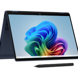 HP 2-in-1 touchscreen laptop in tent mode with a stylus pen resting in front