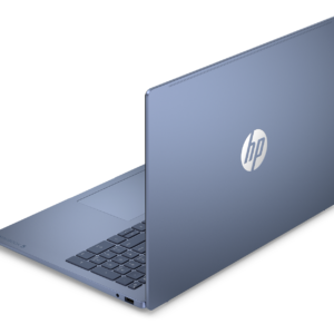 Rear view of a blue HP OmniBook 5 laptop shown partially open, displaying the HP logo on the lid