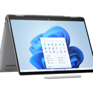 Silver HP 2-in-1 laptop in tent mode displaying Windows 11, with a stylus pen resting in front