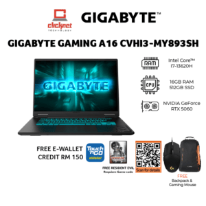 GIGABYTE GAMING A16 CVHI3-MY893SH LAPTOP (Intel Core i7-13620H, 16" WUXGA 165Hz, 16GB DDR5, 512GB SSD, RTX 5060_8GB, BLACK-Win 11 Home, 2Y Warranty)