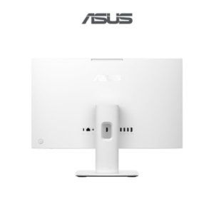 Rear view of a white ASUS all-in-one desktop computer showing back panel ports and stand