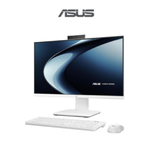 White ASUS all-in-one desktop computer with matching keyboard, mouse, and built-in webcam