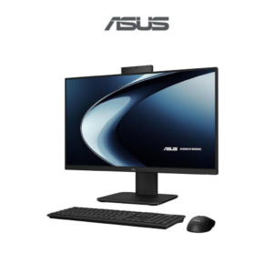 ASUS black all-in-one desktop computer with built-in webcam, keyboard, and mouse