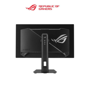Rear view of a black ASUS ROG gaming monitor on a stand, featuring the ROG logo on the back panel
