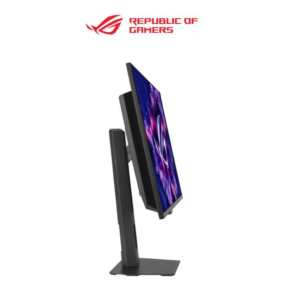 ASUS ROG gaming monitor oriented vertically in portrait mode on its stand