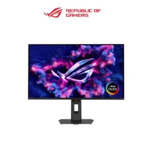 ASUS Republic of Gamers OLED gaming monitor displaying colorful graphics on screen