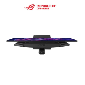 Republic of Gamers logo above a gaming monitor viewed from a high top-down angle, showing its ultra-slim screen and stand