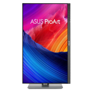 ASUS ProArt monitor rotated in vertical portrait orientation displaying colorful wallpaper