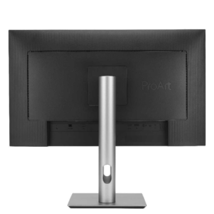 Rear view of a black ProArt monitor mounted on a silver cylindrical stand