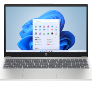 Front view of an open silver HP laptop displaying the Windows 11 desktop and Start menu