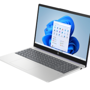 Silver HP laptop open at an angle displaying the Windows 11 Start menu on screen