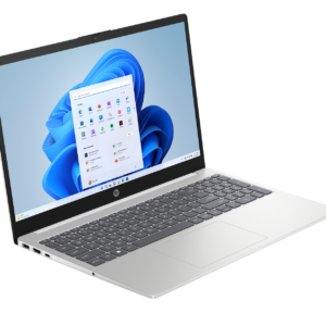 Silver HP laptop open at an angle displaying the Windows 11 desktop