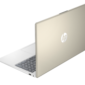 Rear view of an open gold HP laptop showing the HP logo on the lid and part of the keyboard