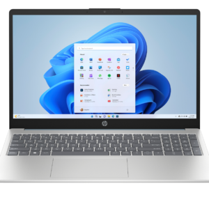 Front view of an open silver HP laptop displaying the Windows 11 desktop and Start menu