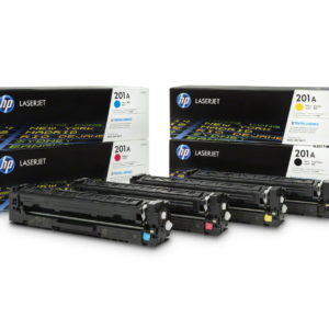 Four HP LaserJet 201A toner cartridges in cyan, magenta, yellow, and black with their matching boxes