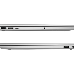 Left and right side profiles of a silver laptop displaying HDMI, USB-C, USB-A, headphone jack, and power ports