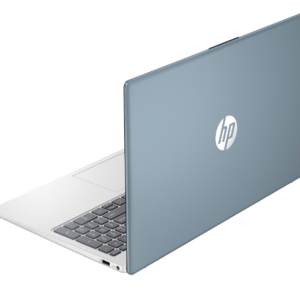 Rear view of an open blue HP laptop displaying the silver HP logo on the lid and a partial view of the keyboard