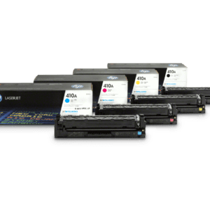 HP 410A LaserJet toner cartridges in cyan, magenta, yellow, and black next to their packaging
