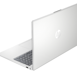 Rear view of an open silver HP laptop featuring the silver lid with the HP logo and side ports